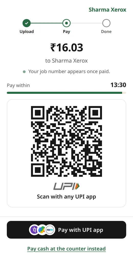 The student's pay screen, showing the shop's own UPI