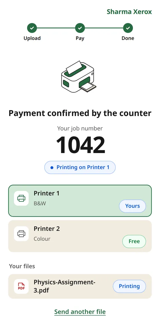 Payment confirmed by the counter, job 1042 printing on Printer 1